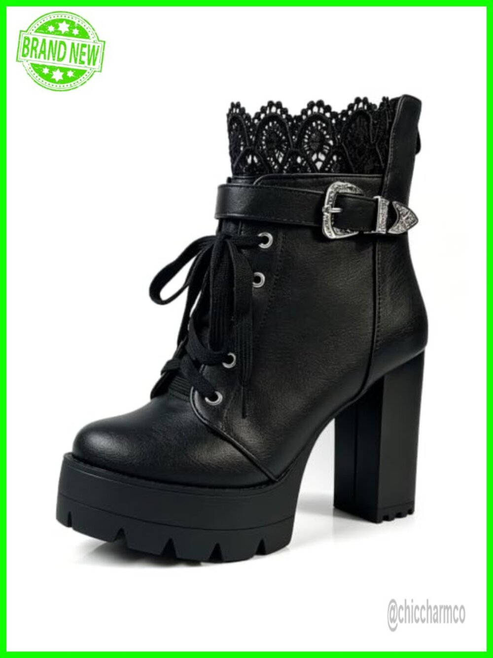 Platform Heel Combat Boots PU Leather Side Zip Lace Victorian Booties